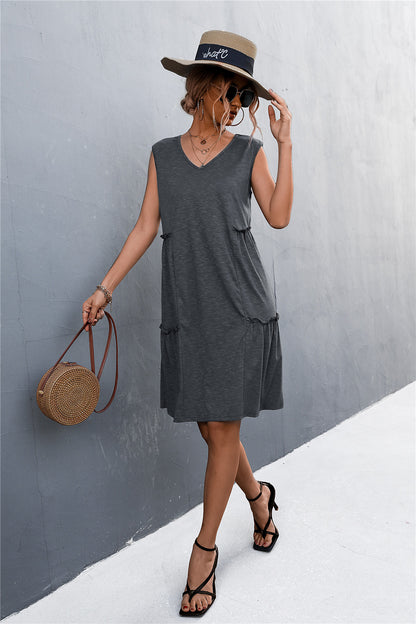 V-Neck Frill Trim Sleeveless Dress