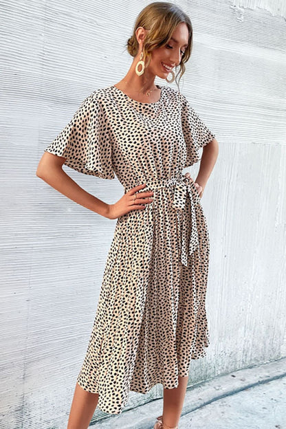 Animal Print Tie-Waist Pleated Dress