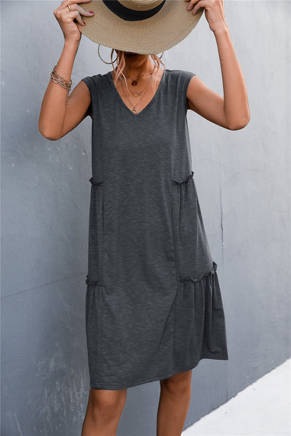 V-Neck Frill Trim Sleeveless Dress