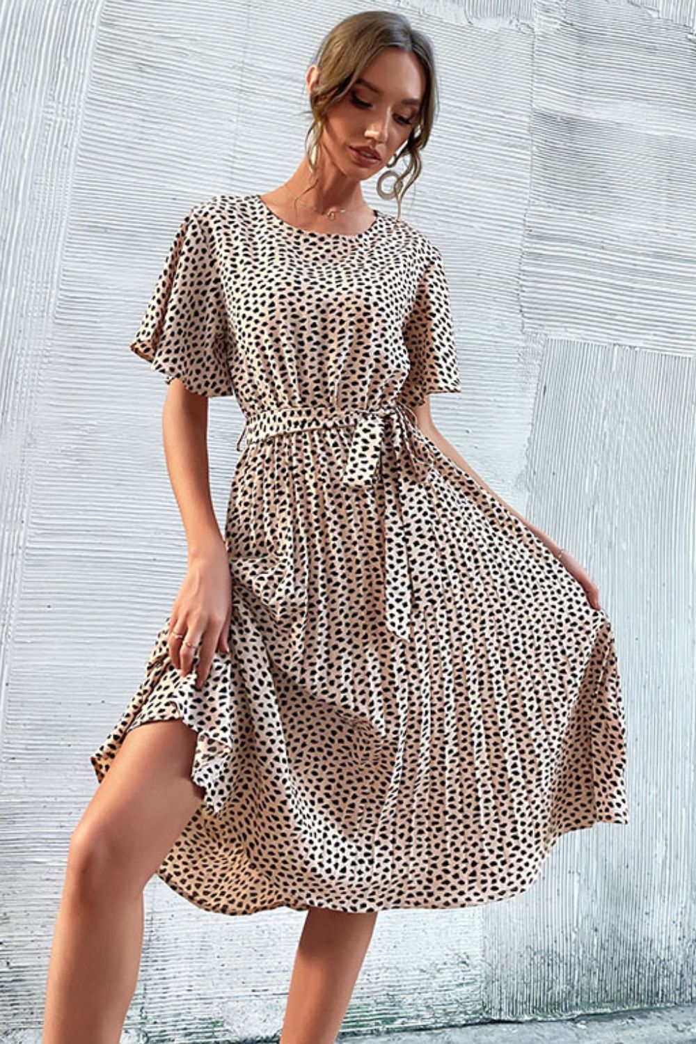 Animal Print Tie-Waist Pleated Dress